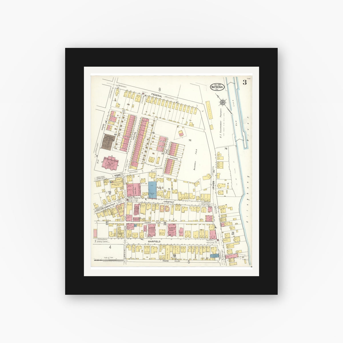 Old map wall art mockup — black gallery frame with white mat — Sanborn Fire Insurance Map from Natrona, Allegheny County, Pennsylvania (1921), Sheet #0003