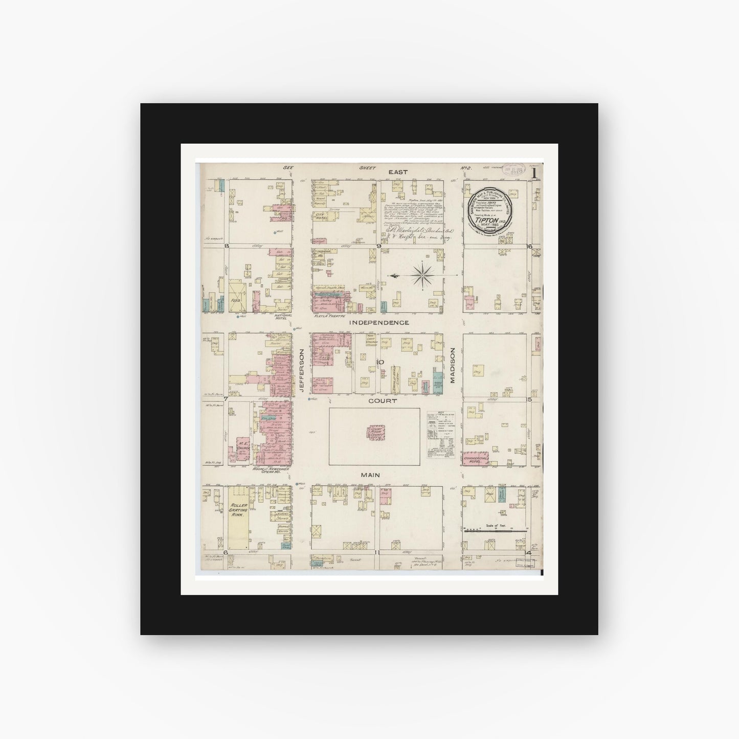 Old map wall art mockup — black gallery frame with white mat — Sanborn Fire Insurance Map from Tipton, Tipton County, Indiana (1885) - Complete Map Set
