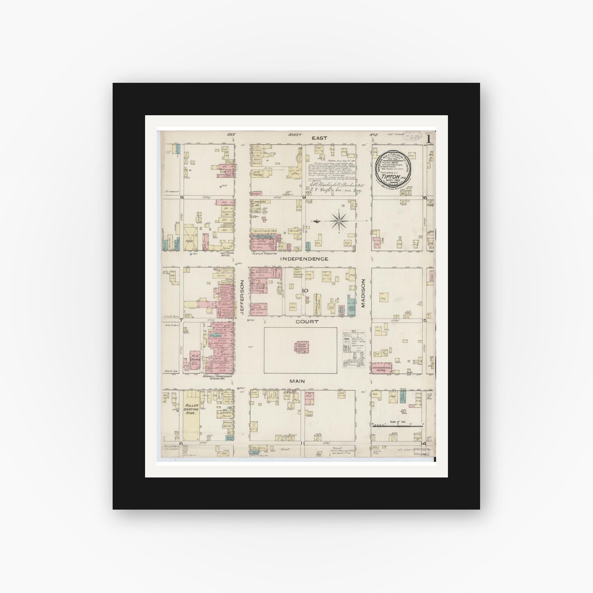 Old map wall art mockup — black gallery frame with white mat — Sanborn Fire Insurance Map from Tipton, Tipton County, Indiana (1885) - Complete Map Set