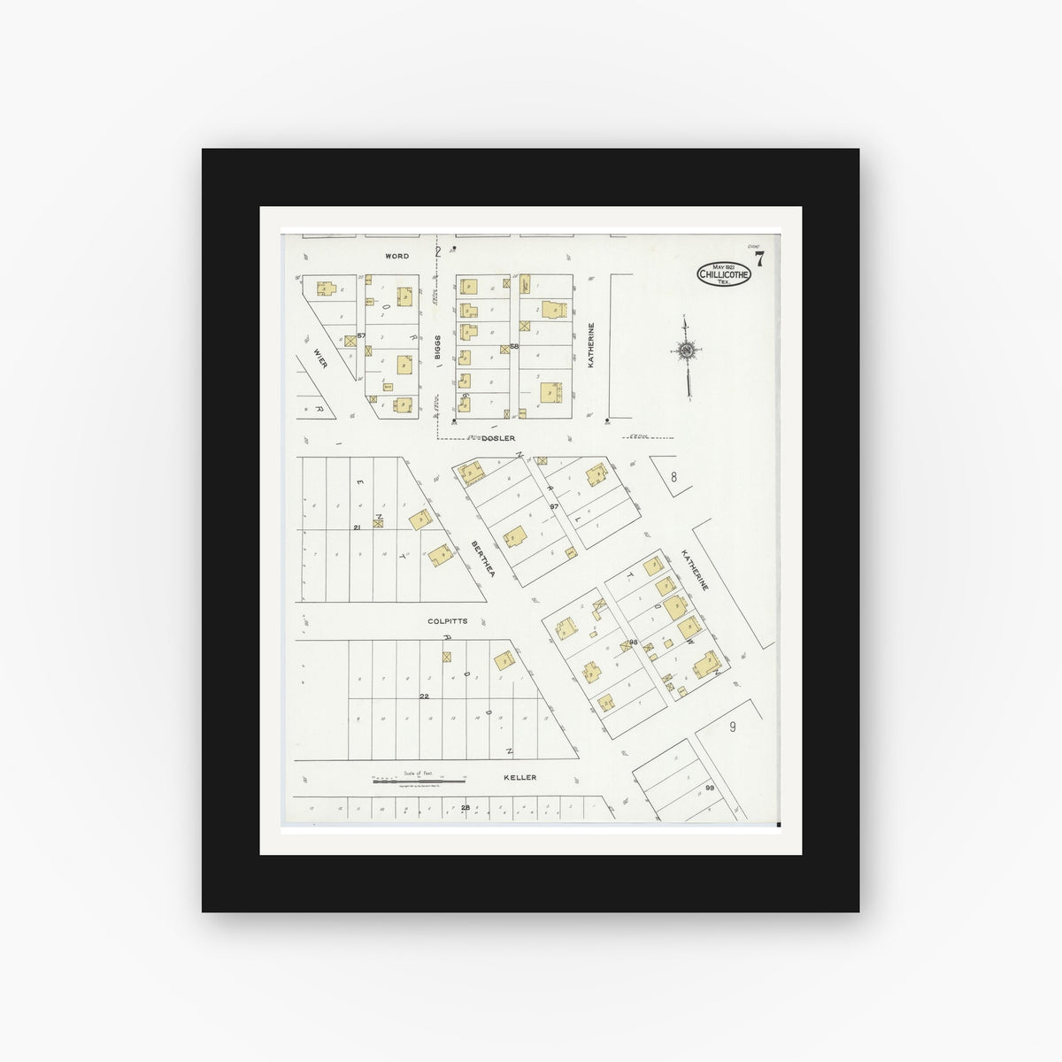 Old map wall art mockup — black gallery frame with white mat — Sanborn Fire Insurance Map from Chillicothe, Hardeman County, Texas (1921), Sheet #0007