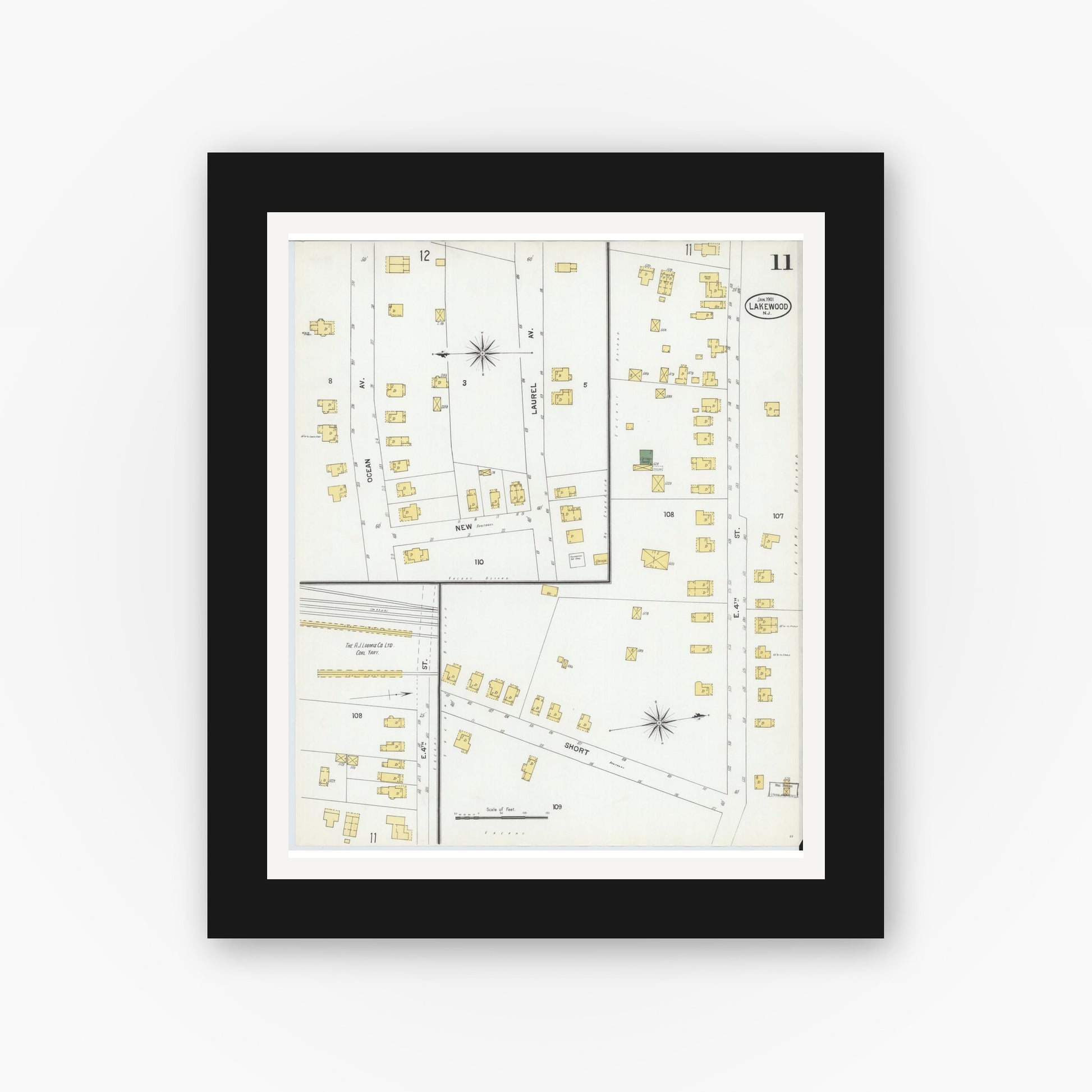 Old map wall art mockup — black gallery frame with white mat — Sanborn Fire Insurance Map from Lakewood, Ocean County, New Jersey (1901), Sheet #0011