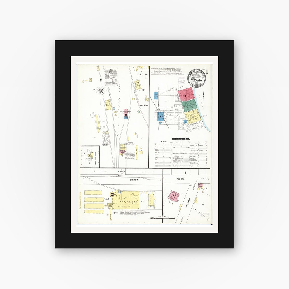 Old map wall art mockup — black gallery frame with white mat — Sanborn Fire Insurance Map from Wapello, Louisa County, Iowa (1909), Sheet #0001