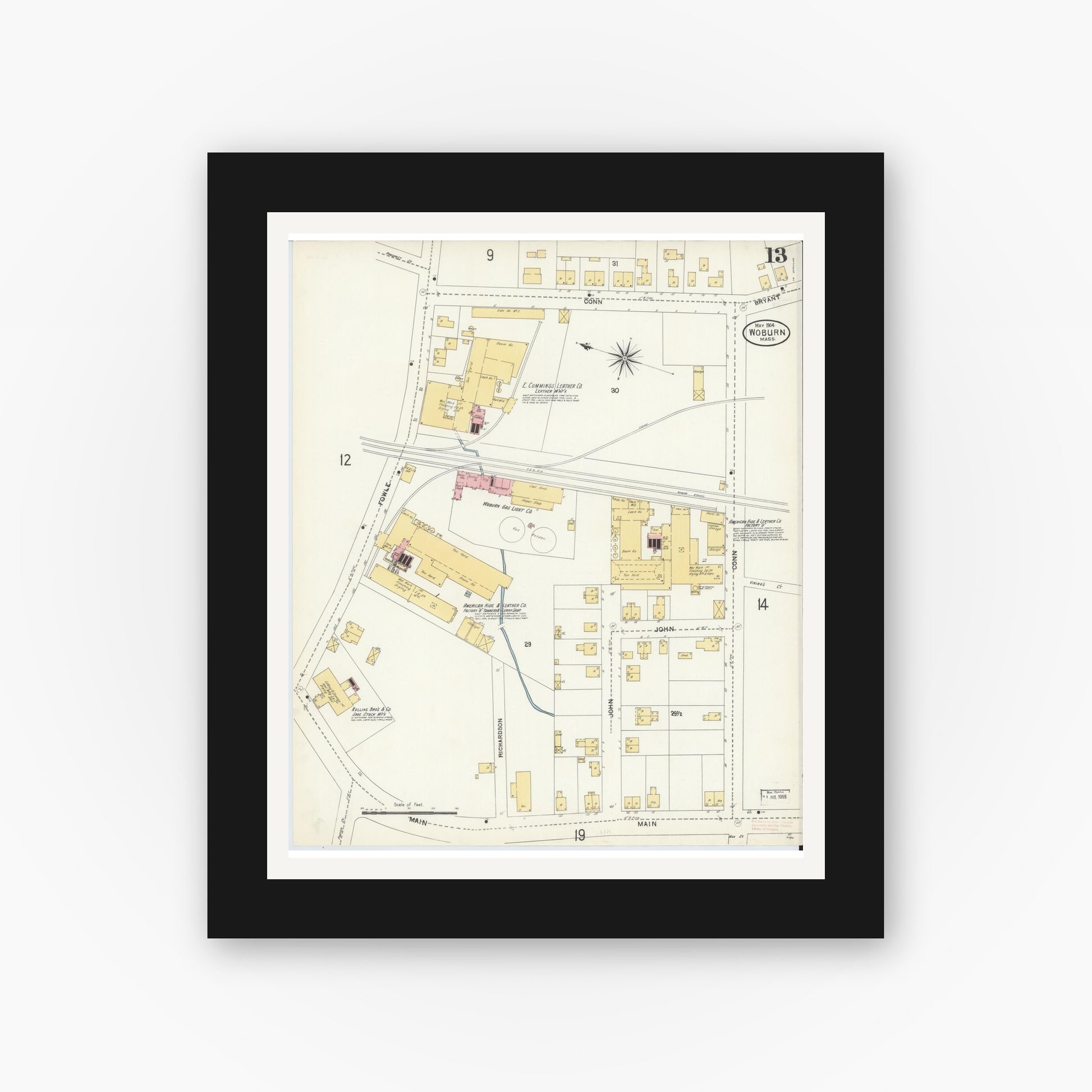 Old map wall art mockup — black gallery frame with white mat — Sanborn Fire Insurance Map from Woburn, Middlesex County, Massachusetts (1904), Sheet #0013
