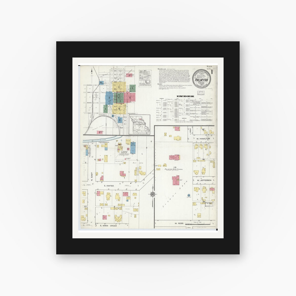 Old map wall art mockup — black gallery frame with white mat — Sanborn Fire Insurance Map from Palmyra, Marion County, Missouri (1916), Sheet #0001