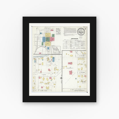 Old map wall art mockup — black gallery frame with white mat — Sanborn Fire Insurance Map from Palmyra, Marion County, Missouri (1916), Sheet #0001