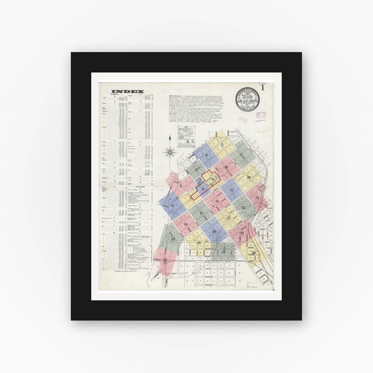 Old map wall art mockup — black gallery frame with white mat — Sanborn Fire Insurance Map from San Luis Obispo, San Luis Obispo County, California (1909) - Complete Map Set