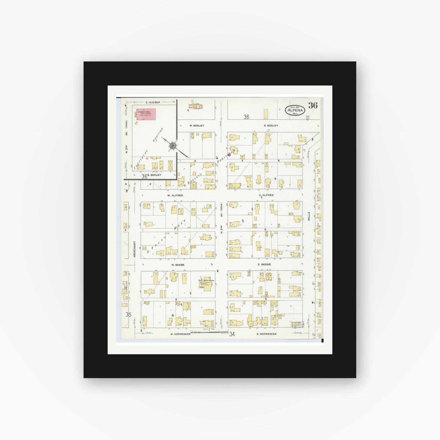 Old map wall art mockup — black gallery frame with white mat — Sanborn Fire Insurance Map from Alpena, Alpena County, Michigan (1910), Sheet #0036