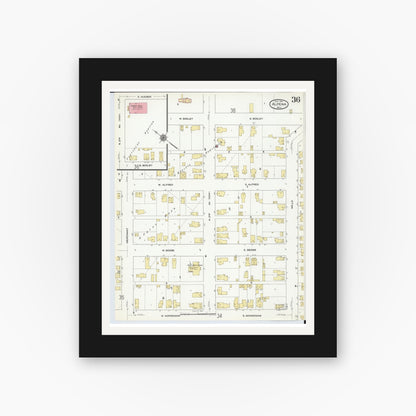 Old map wall art mockup — black gallery frame with white mat — Sanborn Fire Insurance Map from Alpena, Alpena County, Michigan (1910), Sheet #0036