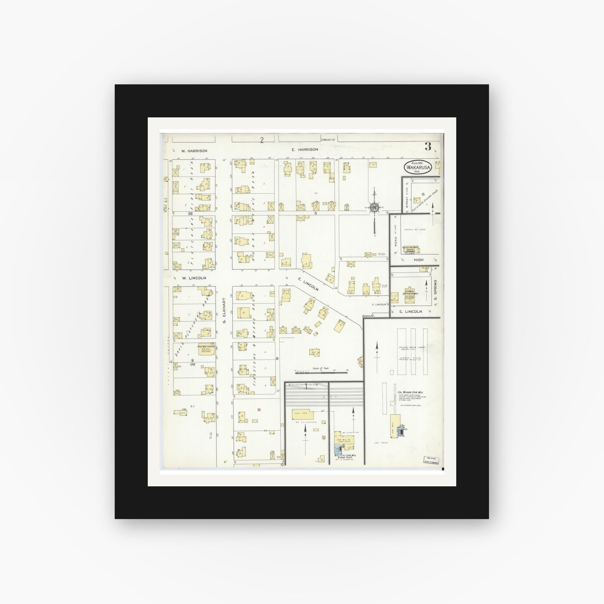 Old map wall art mockup — black gallery frame with white mat — Sanborn Fire Insurance Map from Wakarusa, Elkhart County, Indiana (1914), Sheet #0003