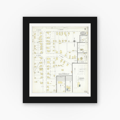 Old map wall art mockup — black gallery frame with white mat — Sanborn Fire Insurance Map from Wakarusa, Elkhart County, Indiana (1914), Sheet #0003
