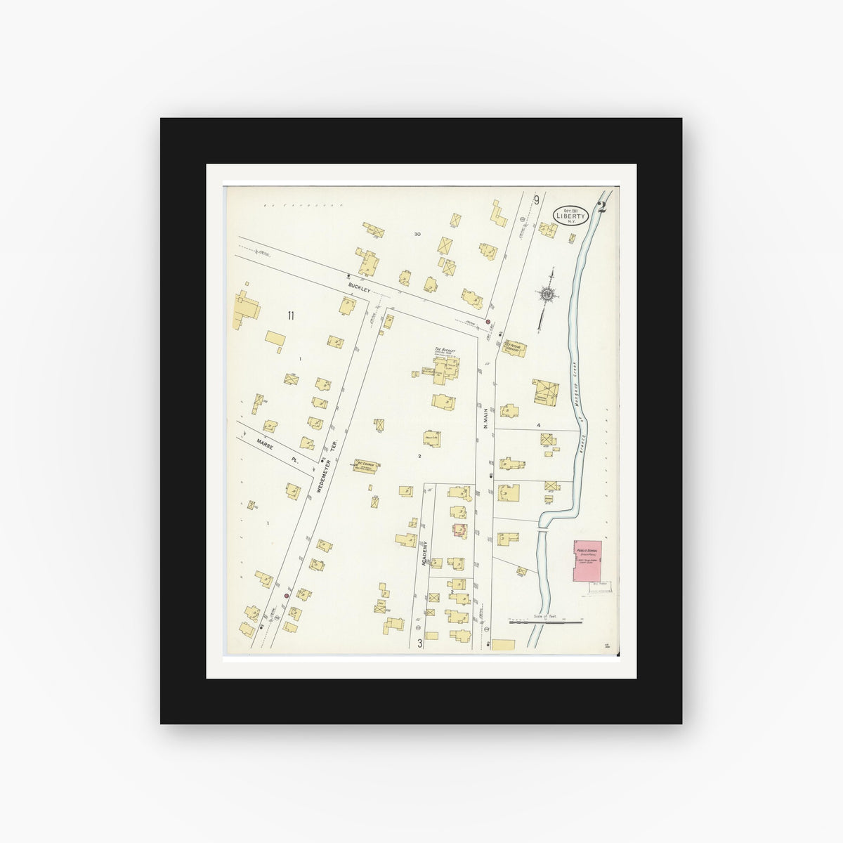 Old map wall art mockup — black gallery frame with white mat — Sanborn Fire Insurance Map from Liberty, Sullivan County, New York (1911), Sheet #0002