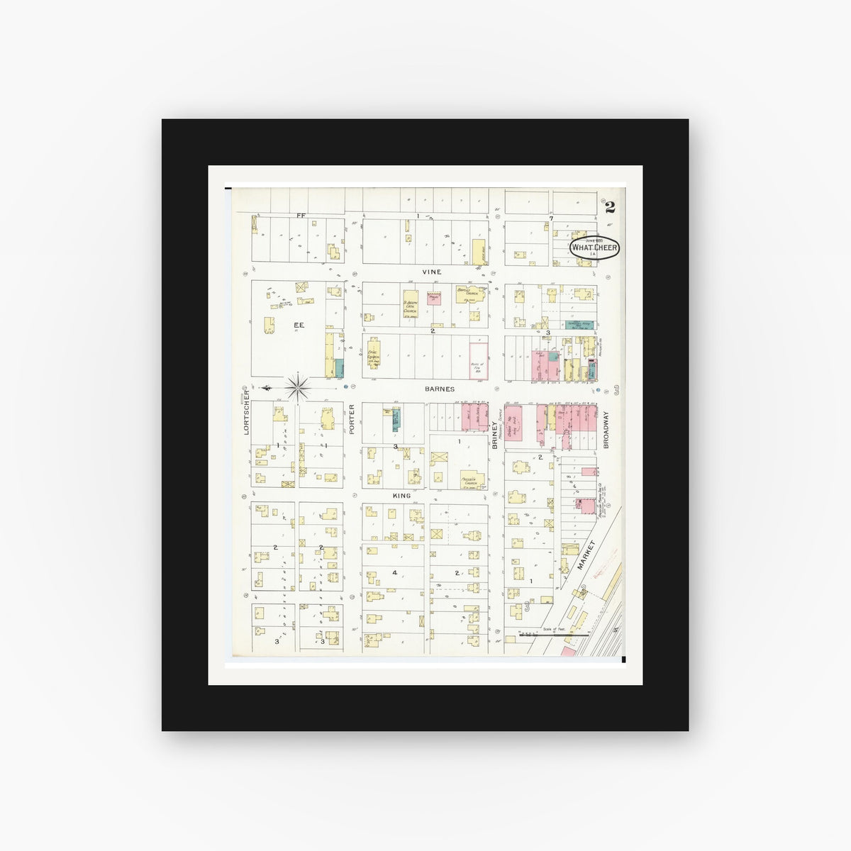 Old map wall art mockup — black gallery frame with white mat — Sanborn Fire Insurance Map from What Cheer, Keokuk County, Iowa (1893), Sheet #0002