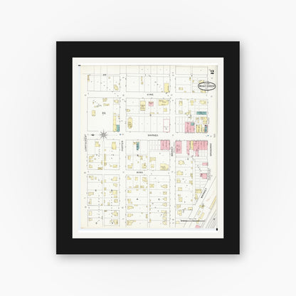 Old map wall art mockup — black gallery frame with white mat — Sanborn Fire Insurance Map from What Cheer, Keokuk County, Iowa (1893), Sheet #0002