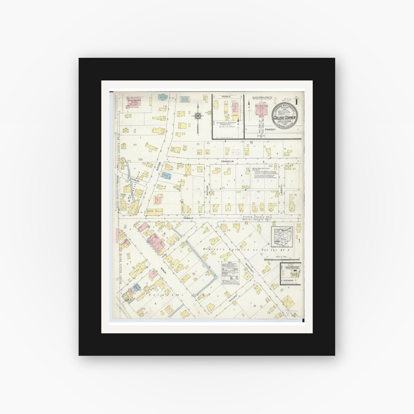 Old map wall art mockup — black gallery frame with white mat — Sanborn Fire Insurance Map from College Corner, Preble And Butler, Ohio (1914) - Complete Map Set