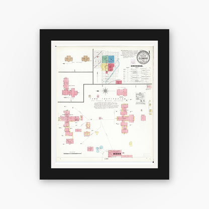 Old map wall art mockup — black gallery frame with white mat — Sanborn Fire Insurance Map from Glenwood, Mills County, Iowa (1908) â€” Complete Set