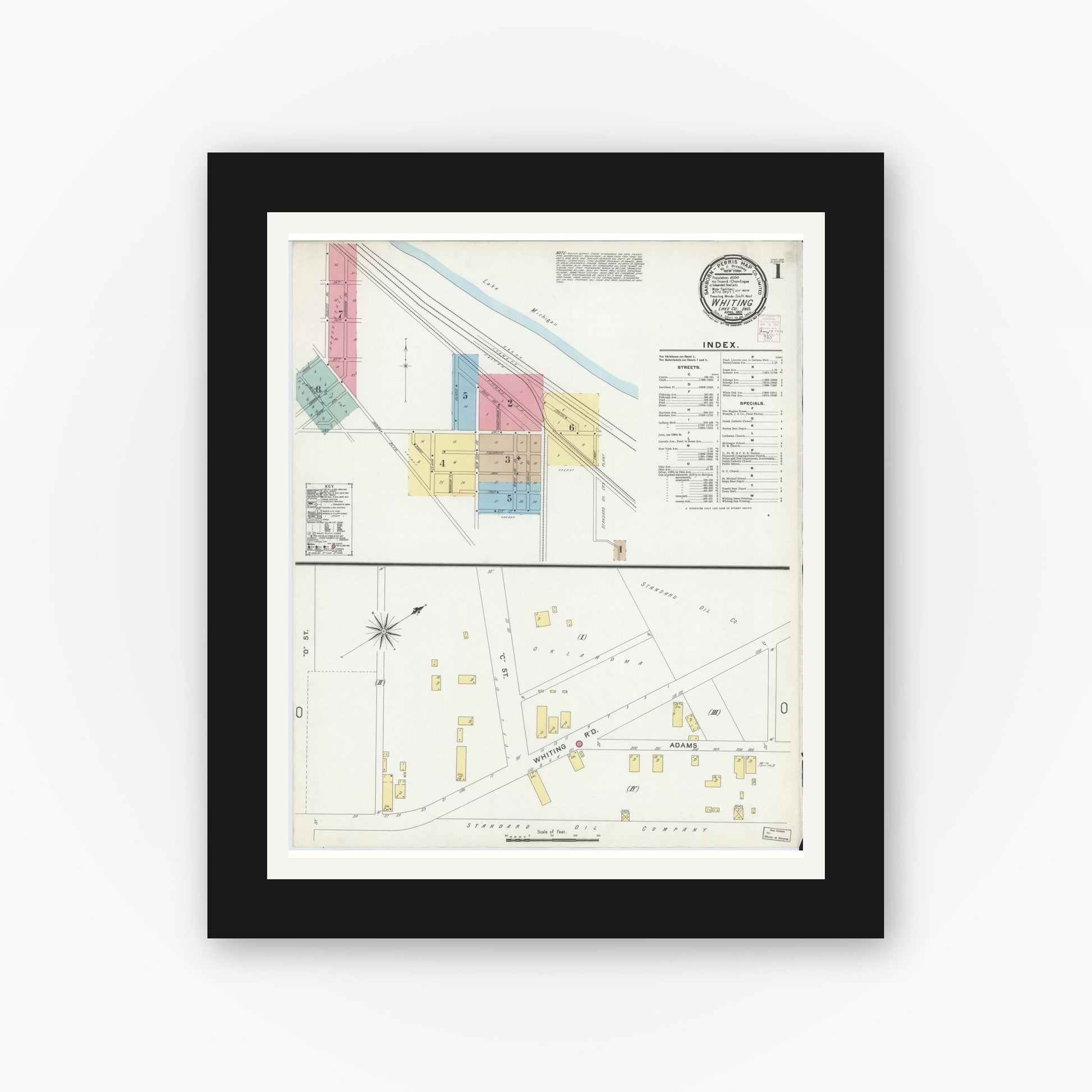 Old map wall art mockup — black gallery frame with white mat — Sanborn Fire Insurance Map from Whiting, Lake County, Indiana (1901) - Complete Map Set