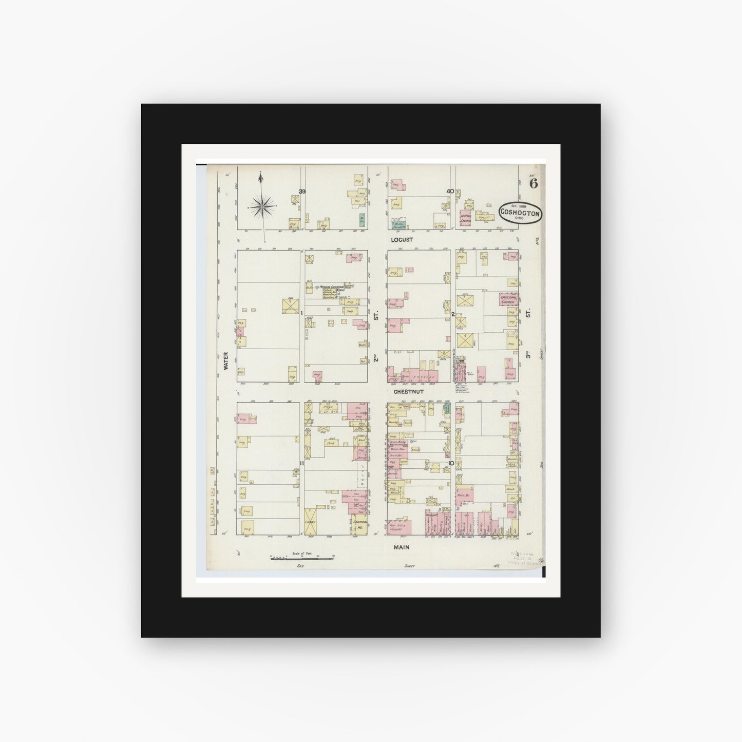 Old map wall art mockup — black gallery frame with white mat — Sanborn Fire Insurance Map from Coshocton, Coshocton County, Ohio (1889), Sheet #0006