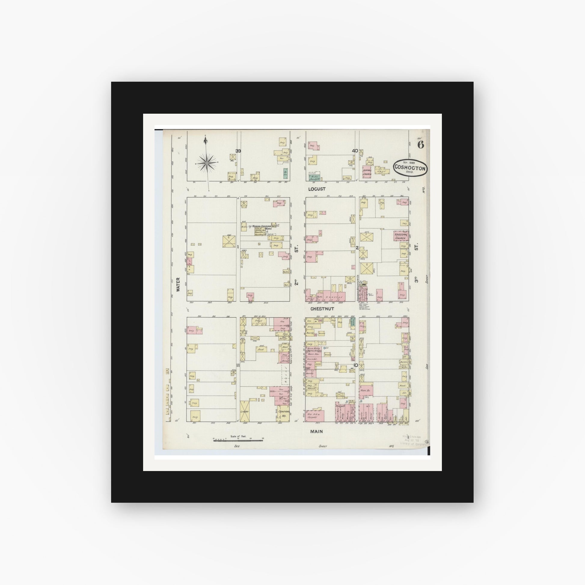 Old map wall art mockup — black gallery frame with white mat — Sanborn Fire Insurance Map from Coshocton, Coshocton County, Ohio (1889), Sheet #0006