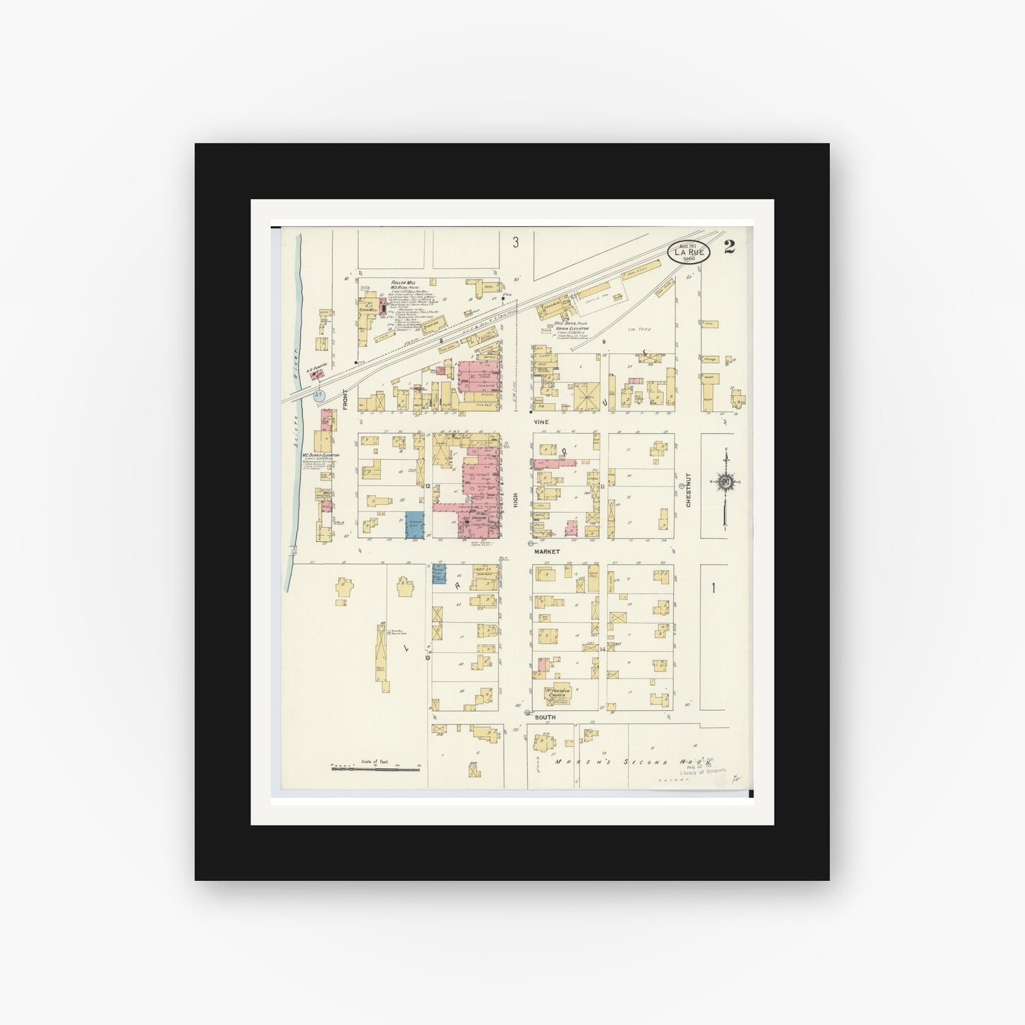 Old map wall art mockup — black gallery frame with white mat — Sanborn Fire Insurance Map from La Rue, Marion County, Ohio (1911), Sheet #0002