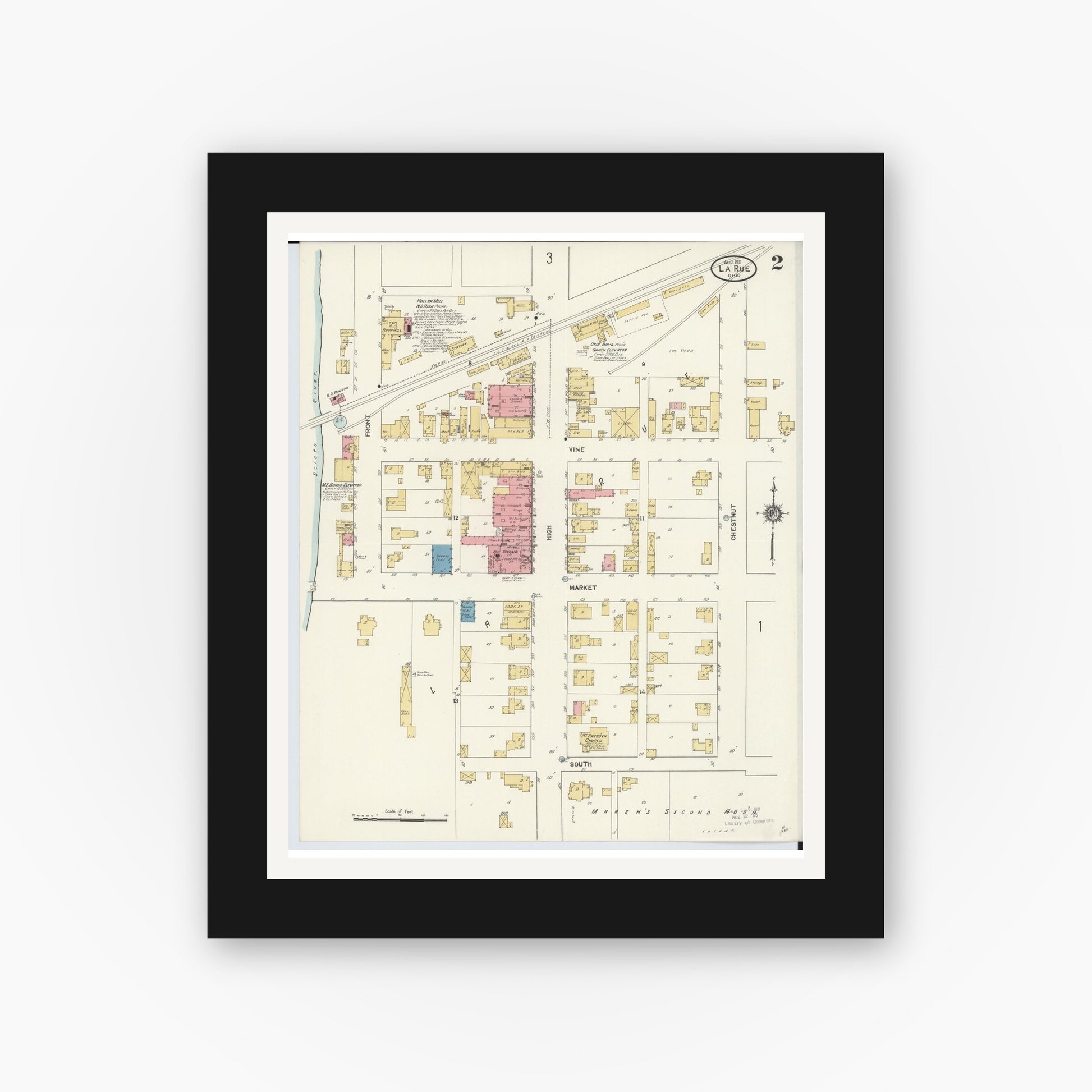 Old map wall art mockup — black gallery frame with white mat — Sanborn Fire Insurance Map from La Rue, Marion County, Ohio (1911), Sheet #0002