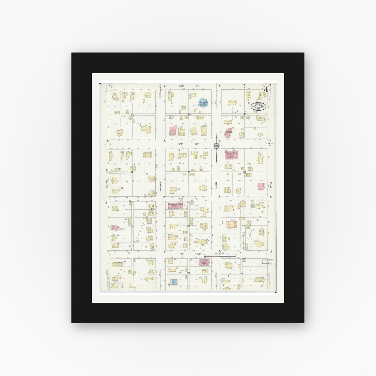 Old map wall art mockup — black gallery frame with white mat — Sanborn Fire Insurance Map from Holden, Johnson County, Missouri (1914), Sheet #0004