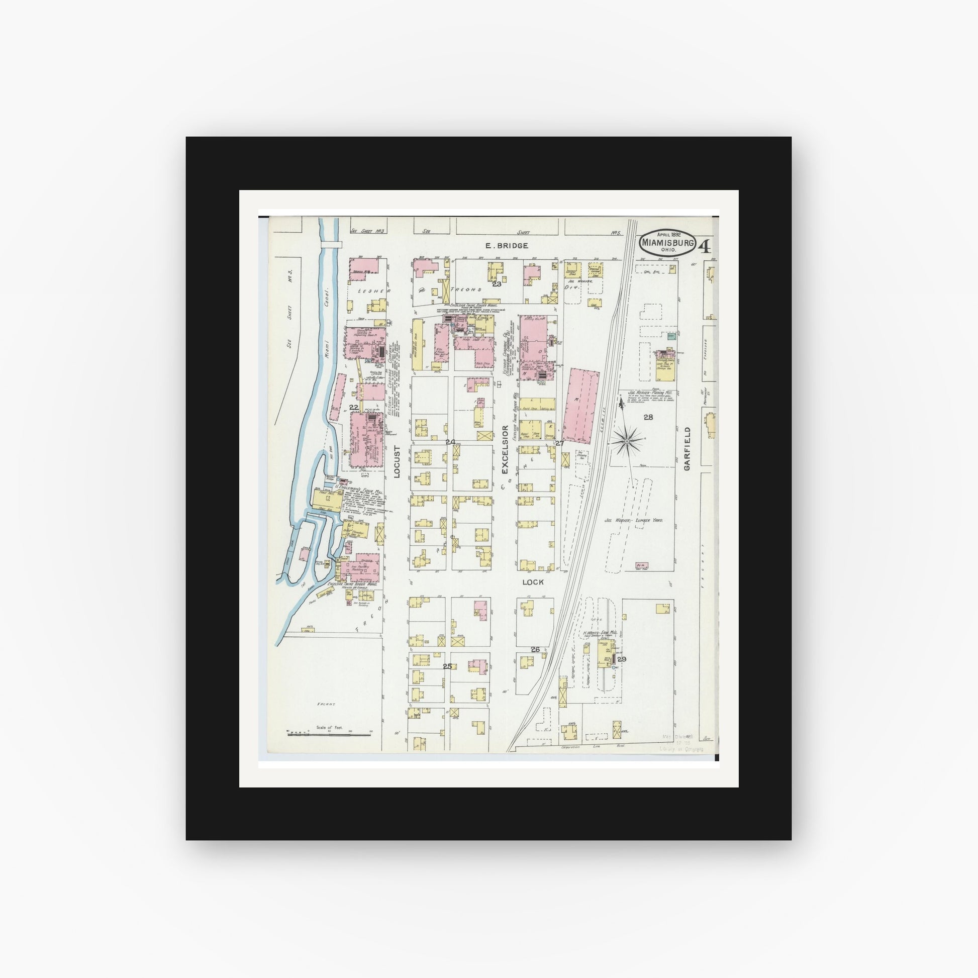 Old map wall art mockup — black gallery frame with white mat — Sanborn Fire Insurance Map from Miamisburg, Montgomery County, Ohio (1892), Sheet #0004