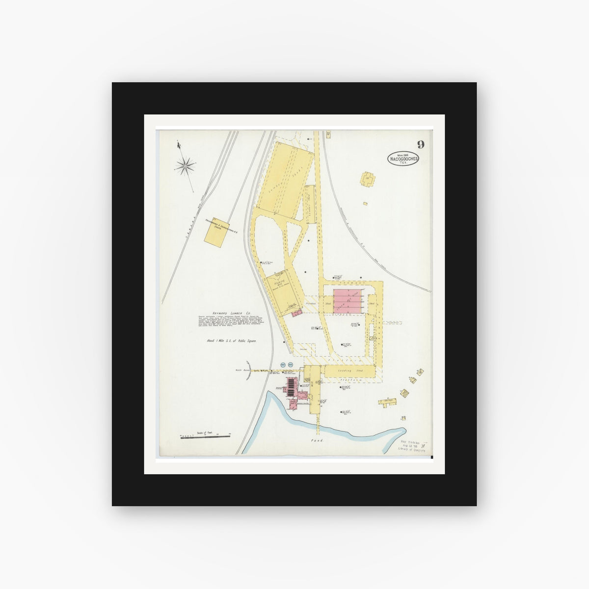 Old map wall art mockup — black gallery frame with white mat — Sanborn Fire Insurance Map from Nacogdoches, Nacogdoches County, Texas (1906), Sheet #0009