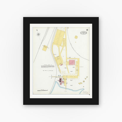 Old map wall art mockup — black gallery frame with white mat — Sanborn Fire Insurance Map from Nacogdoches, Nacogdoches County, Texas (1906), Sheet #0009