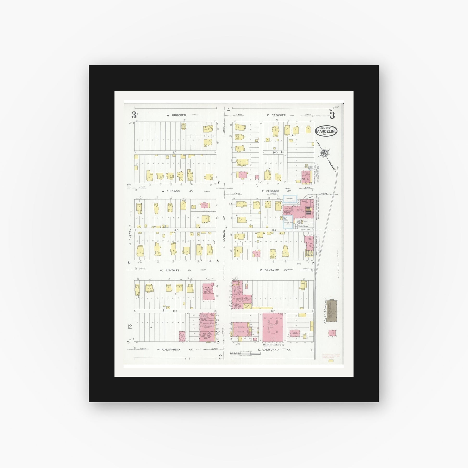 Old map wall art mockup — black gallery frame with white mat — Sanborn Fire Insurance Map from Marceline, Linn County, Missouri (1930), Sheet #0003