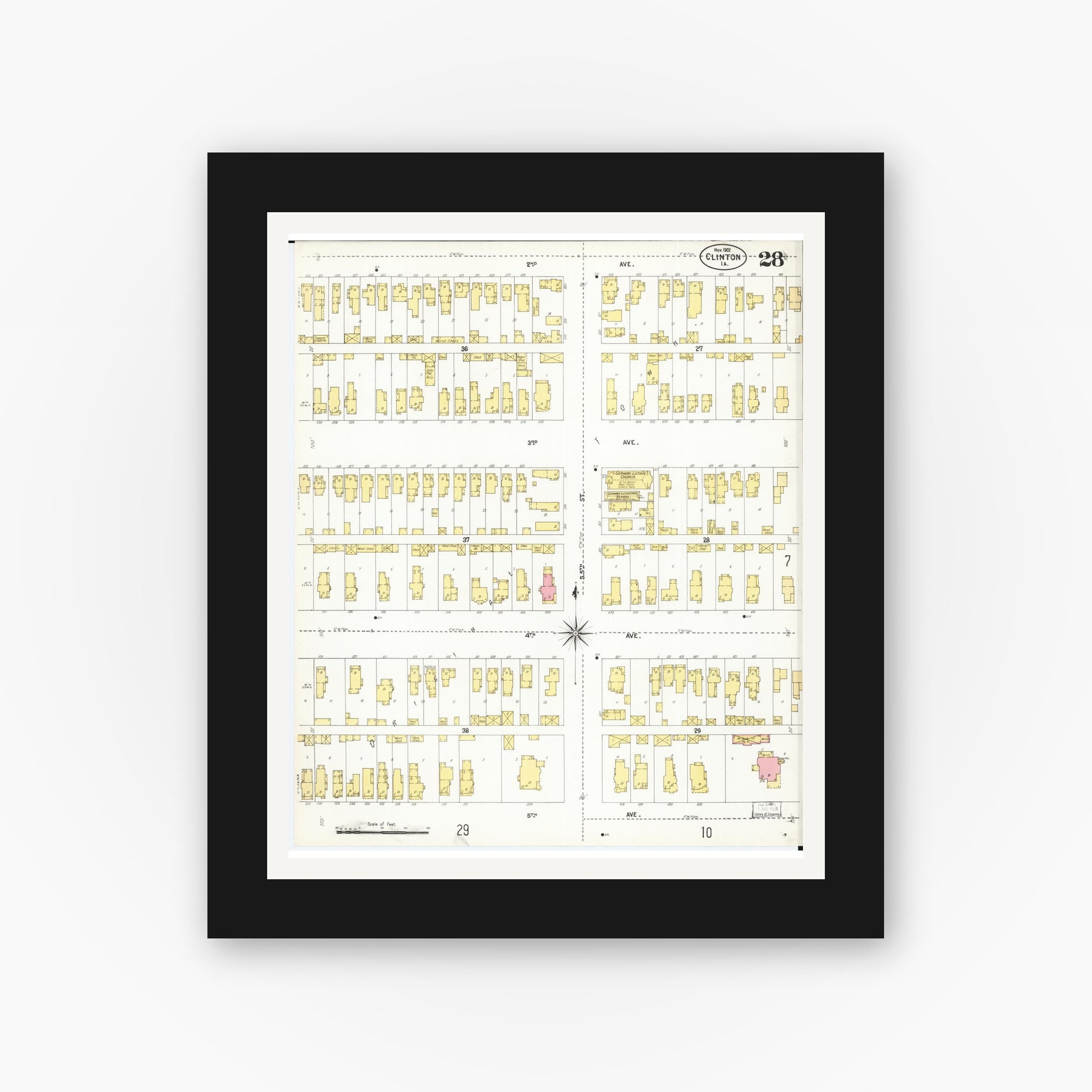 Old map wall art mockup — black gallery frame with white mat — Sanborn Fire Insurance Map from Clinton, Clinton County, Iowa (1902), Sheet #0028