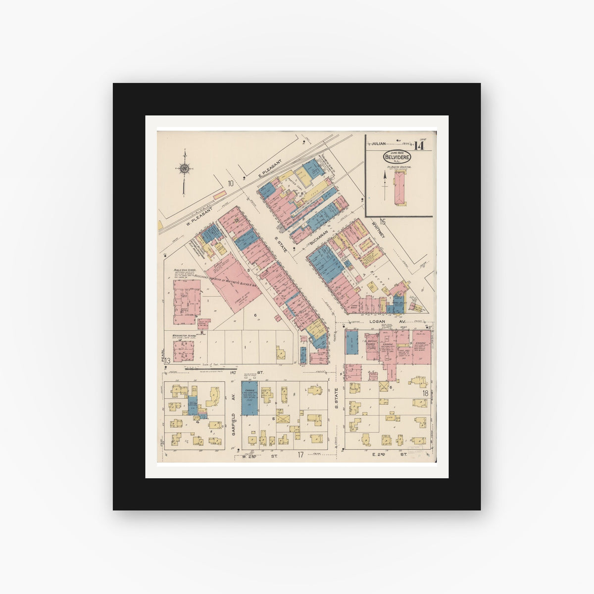 Old map wall art mockup — black gallery frame with white mat — Sanborn Fire Insurance Map from Belvidere, Boone County, Illinois (1922), Sheet #0014