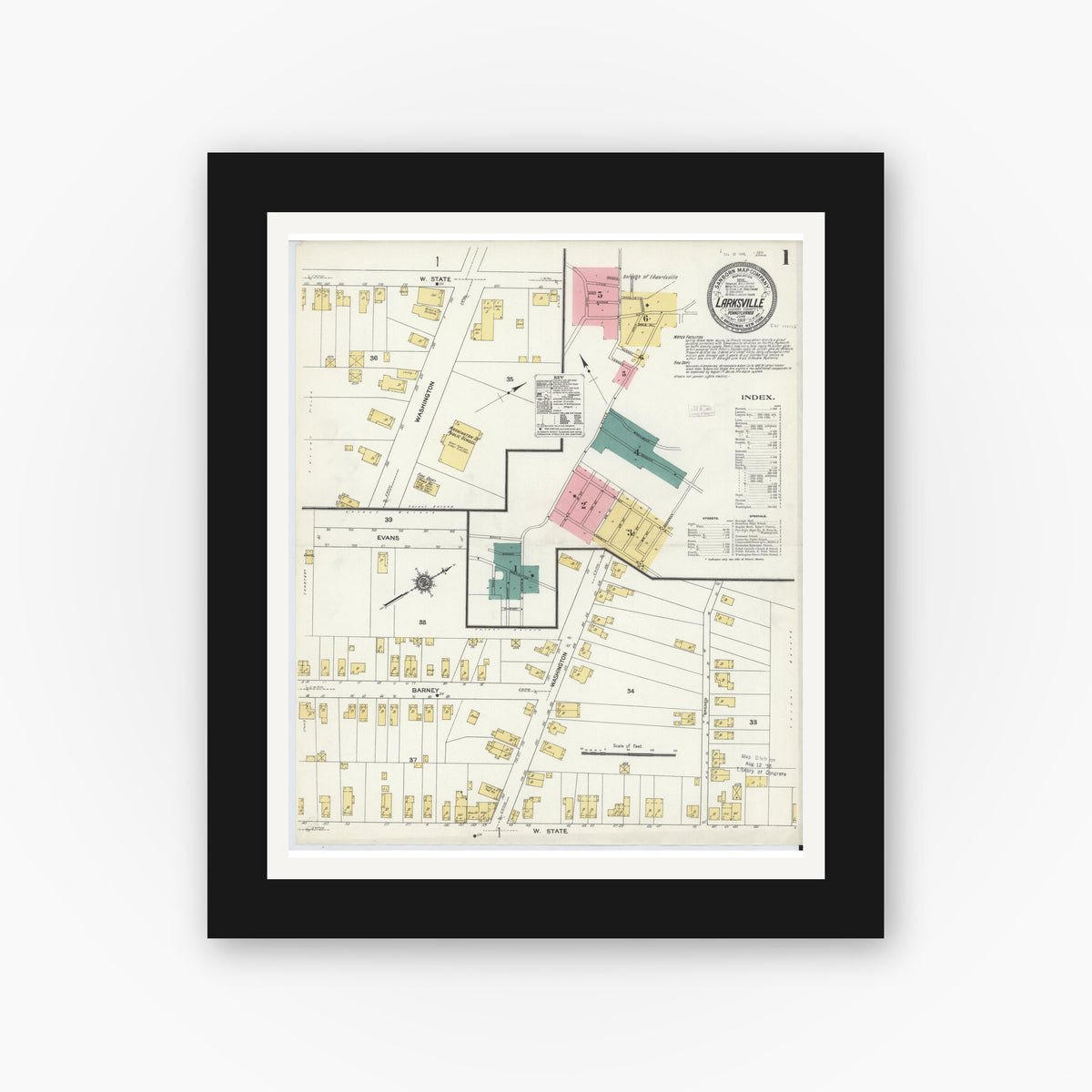 Old map wall art mockup — black gallery frame with white mat — Sanborn Fire Insurance Map from Larksville, Luzerne County, Pennsylvania (1911) - Complete Map Set