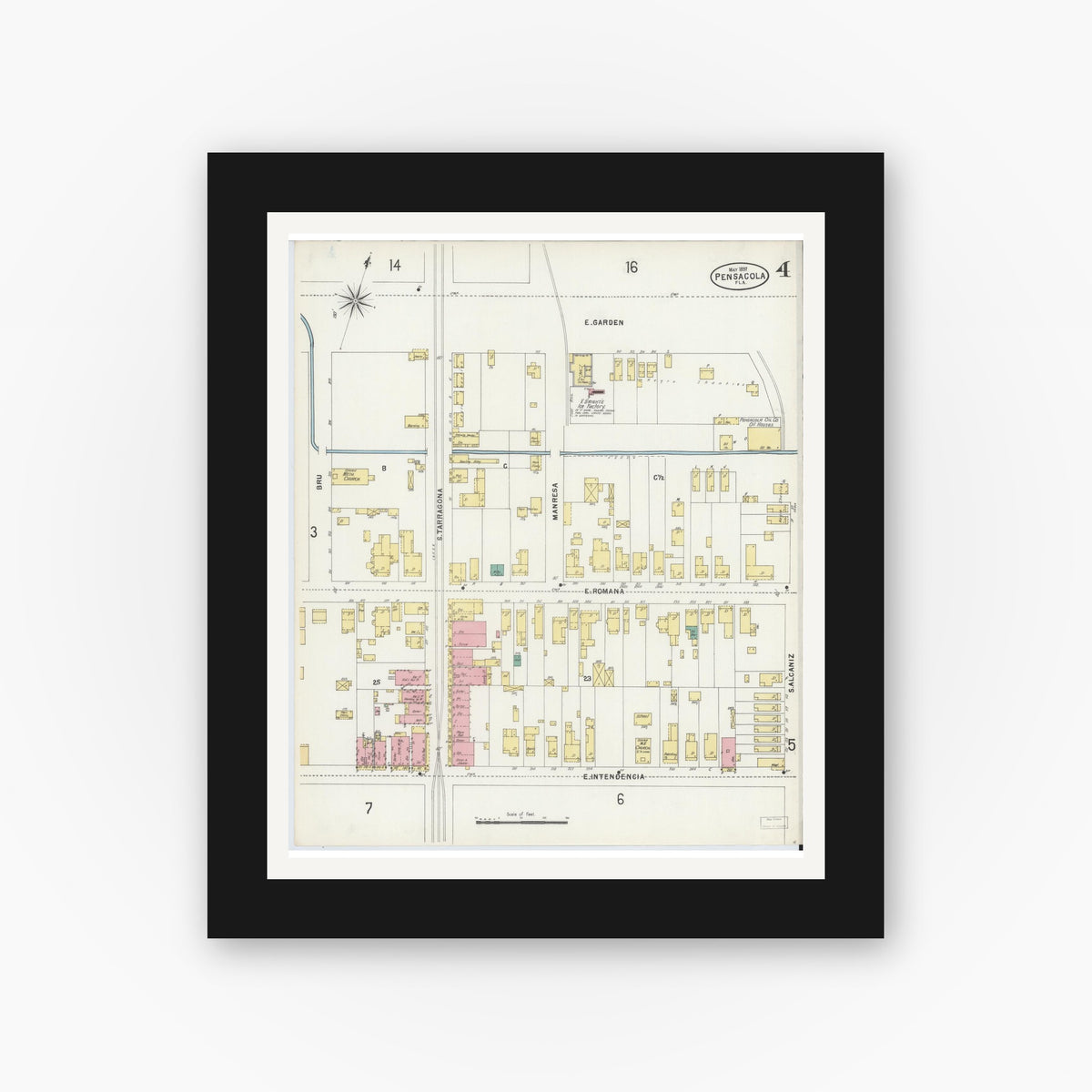 Old map wall art mockup — black gallery frame with white mat — Sanborn Fire Insurance Map from Pensacola, Escambia County, Florida (1897), Sheet #0004
