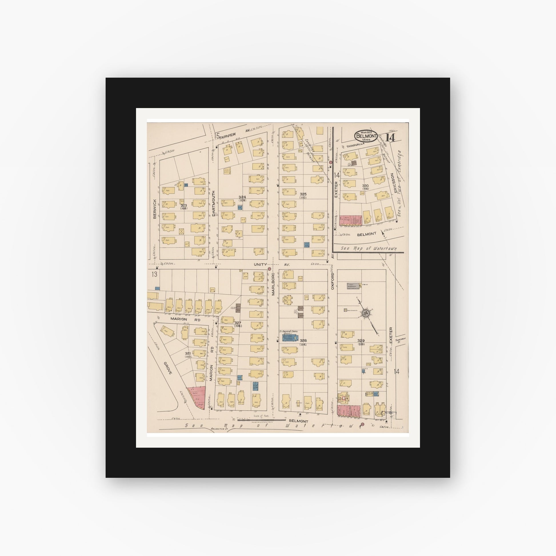 Old map wall art mockup — black gallery frame with white mat — Sanborn Fire Insurance Map from Belmont, Middlesex County, Massachusetts (1922), Sheet #0014