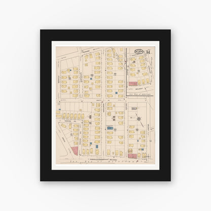 Old map wall art mockup — black gallery frame with white mat — Sanborn Fire Insurance Map from Belmont, Middlesex County, Massachusetts (1922), Sheet #0014