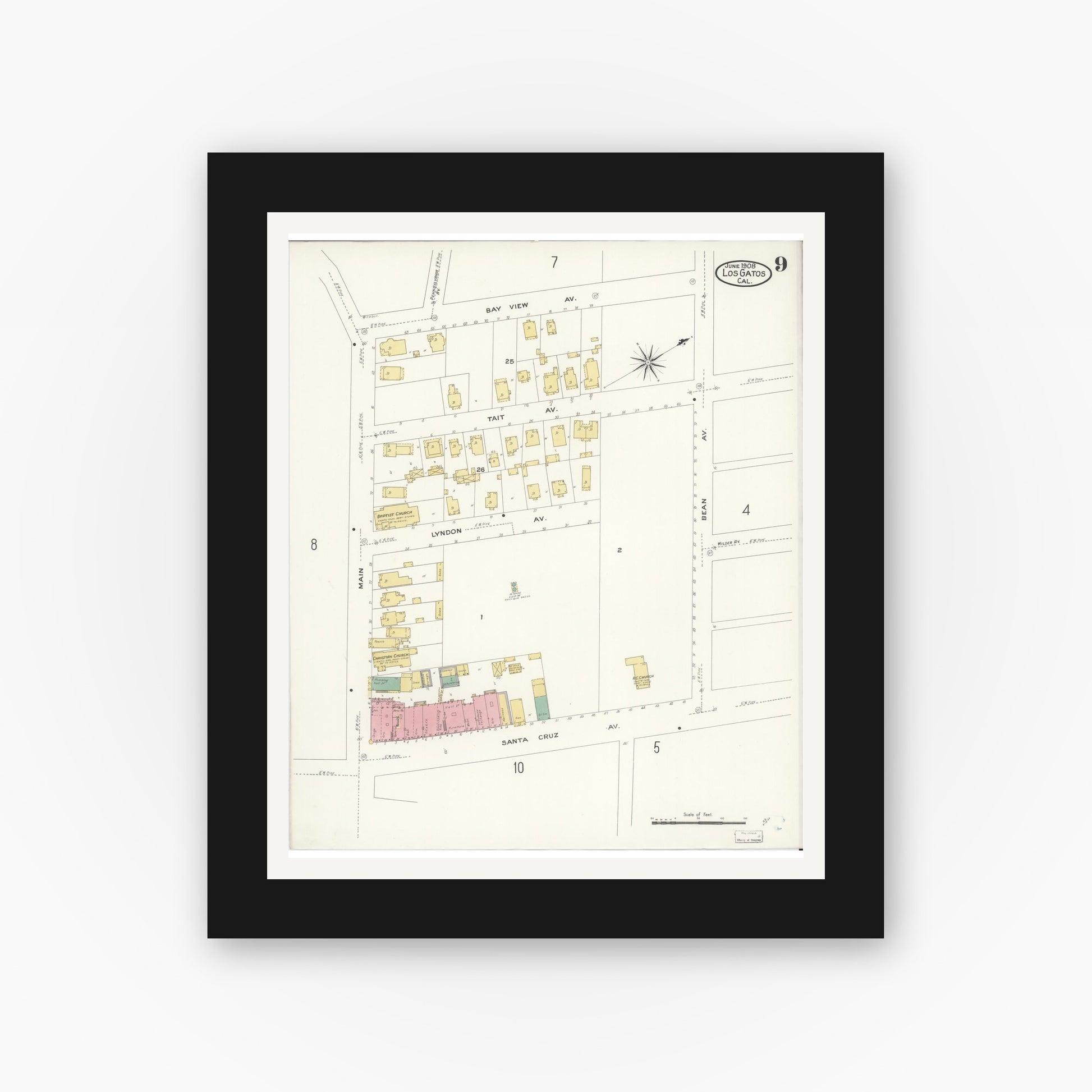 Old map wall art mockup — black gallery frame with white mat — Sanborn Fire Insurance Map from Los Gatos, Santa Clara County, California (1908), Sheet #0009