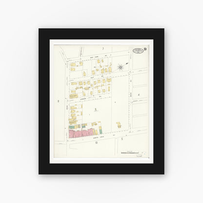 Old map wall art mockup — black gallery frame with white mat — Sanborn Fire Insurance Map from Los Gatos, Santa Clara County, California (1908), Sheet #0009
