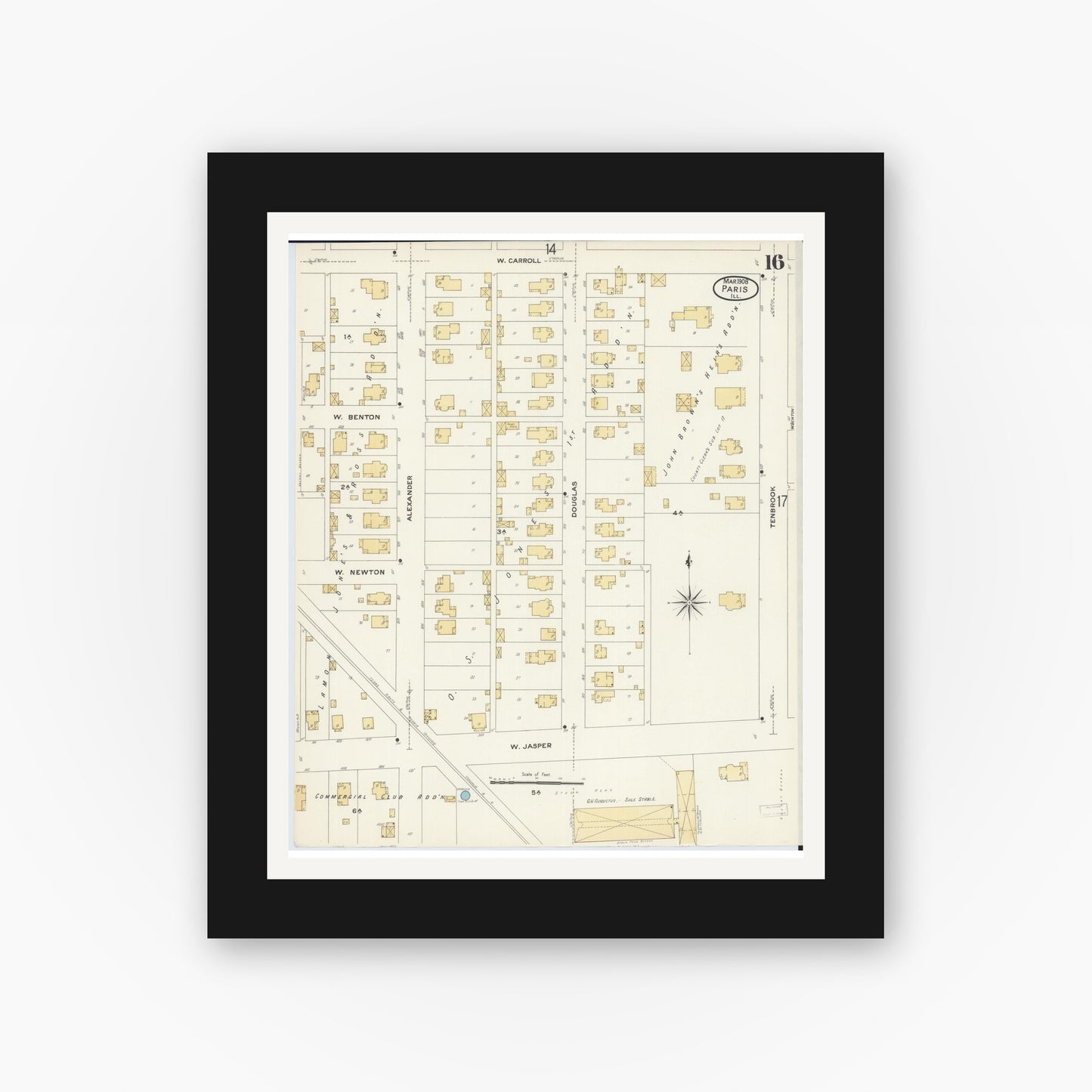 Old map wall art mockup — black gallery frame with white mat — Sanborn Fire Insurance Map from Paris, Edgar County, Illinois (1908), Sheet #0016