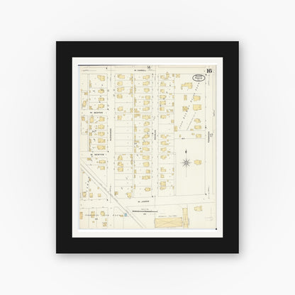 Old map wall art mockup — black gallery frame with white mat — Sanborn Fire Insurance Map from Paris, Edgar County, Illinois (1908), Sheet #0016