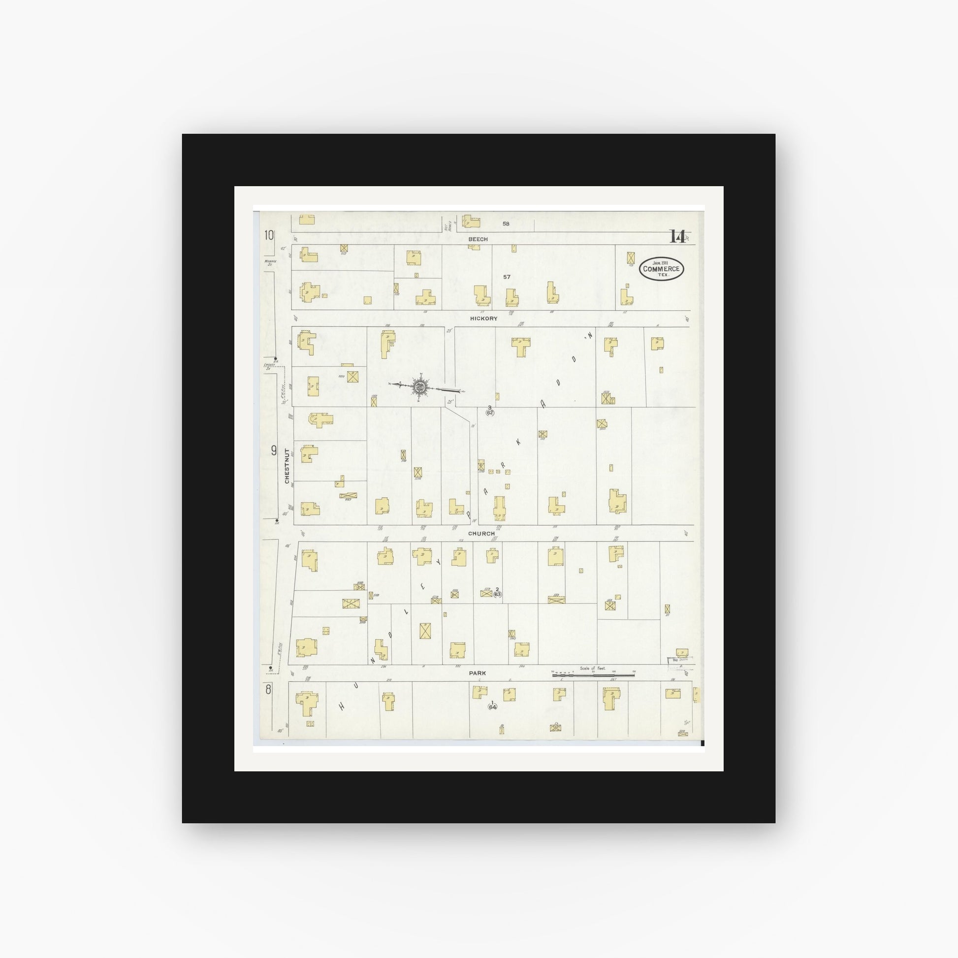 Old map wall art mockup — black gallery frame with white mat — Sanborn Fire Insurance Map from Commerce, Hunt County, Texas (1911), Sheet #0014