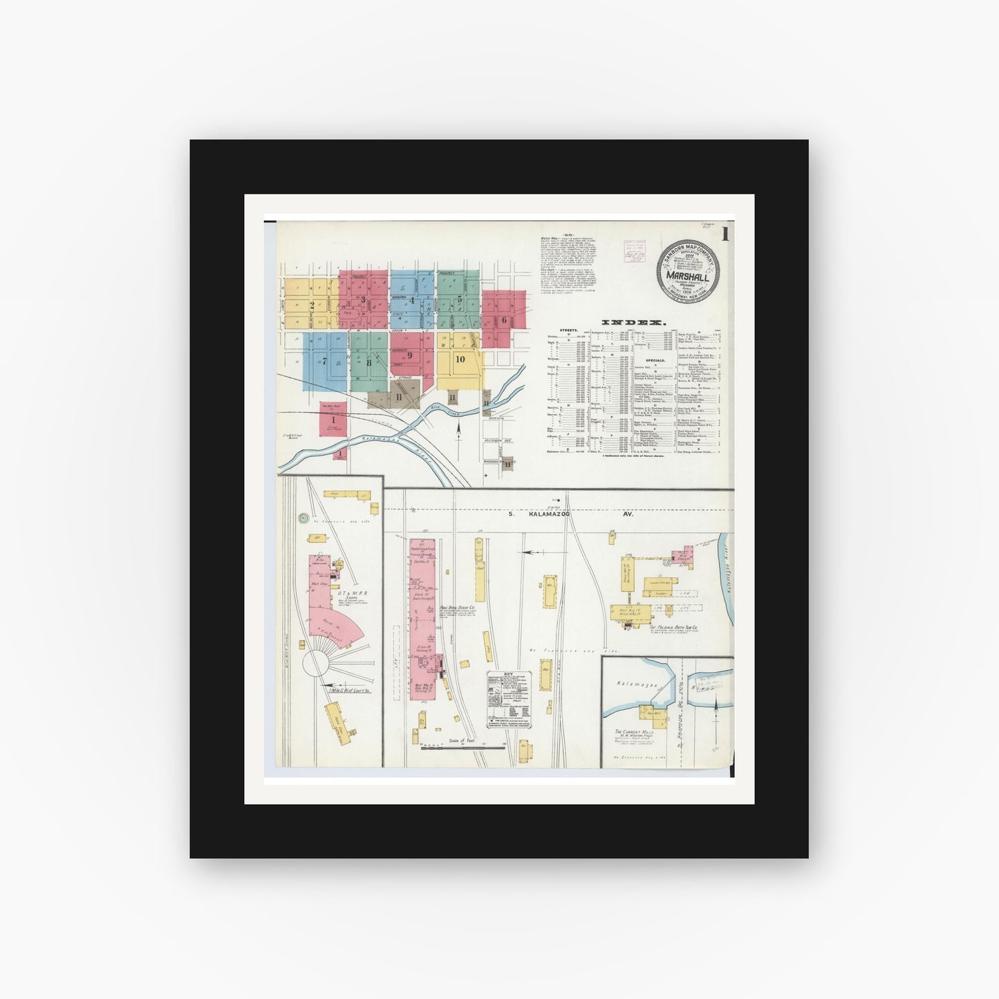 Old map wall art mockup — black gallery frame with white mat — Sanborn Fire Insurance Map from Marshall, Calhoun County, Michigan (1906), Sheet #0001