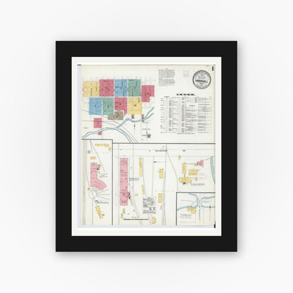 Old map wall art mockup — black gallery frame with white mat — Sanborn Fire Insurance Map from Marshall, Calhoun County, Michigan (1906), Sheet #0001