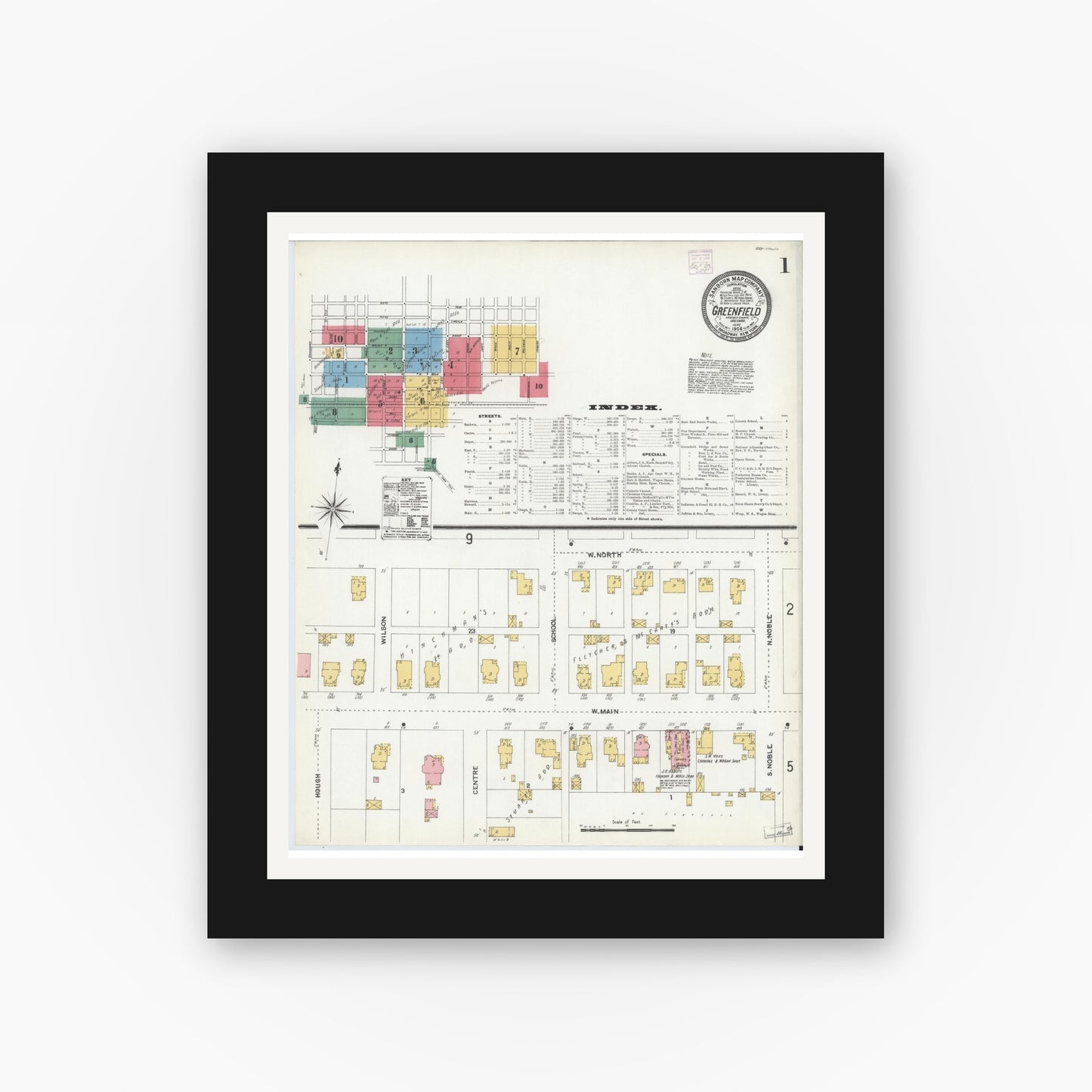 Old map wall art mockup — black gallery frame with white mat — Sanborn Fire Insurance Map from Greenfield, Hancock County, Indiana (1906) - Complete Map Set