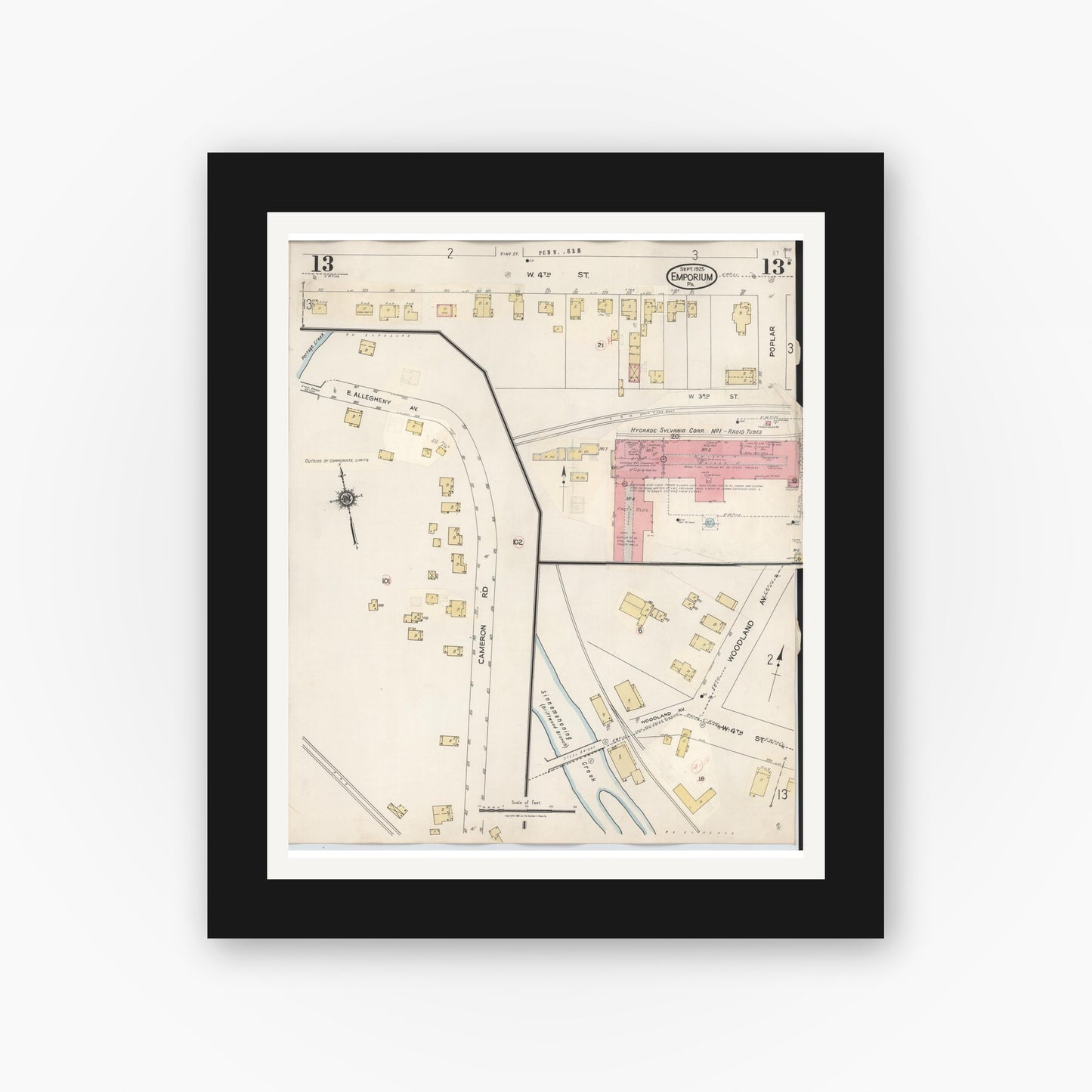 Old map wall art mockup — black gallery frame with white mat — Sanborn Fire Insurance Map from Emporium, Cameron County, Pennsylvania (1938), Sheet #0013