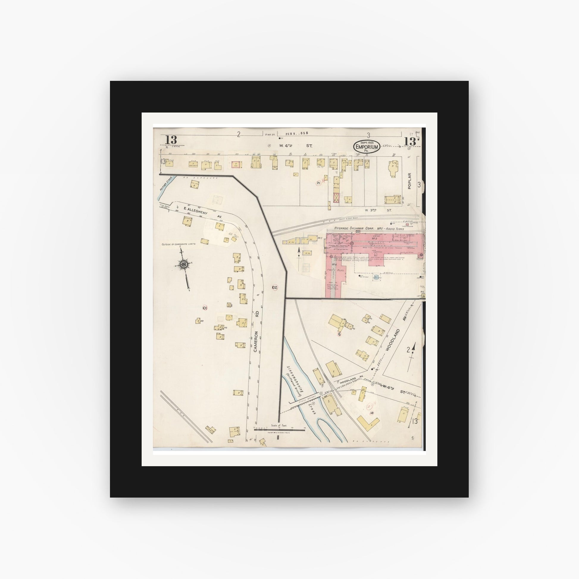 Old map wall art mockup — black gallery frame with white mat — Sanborn Fire Insurance Map from Emporium, Cameron County, Pennsylvania (1938), Sheet #0013