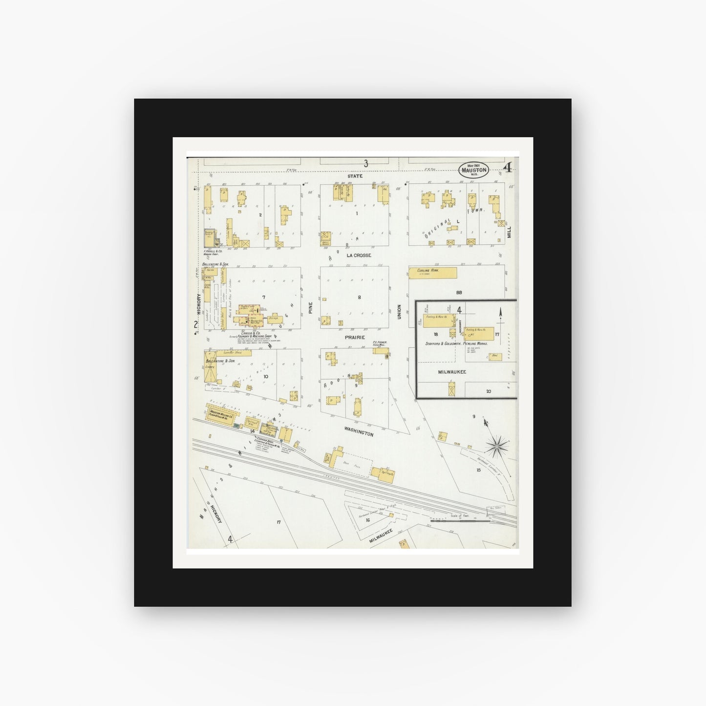 Old map wall art mockup — black gallery frame with white mat — Sanborn Fire Insurance Map from Mauston, Juneau County, Wisconsin (1901), Sheet #0004