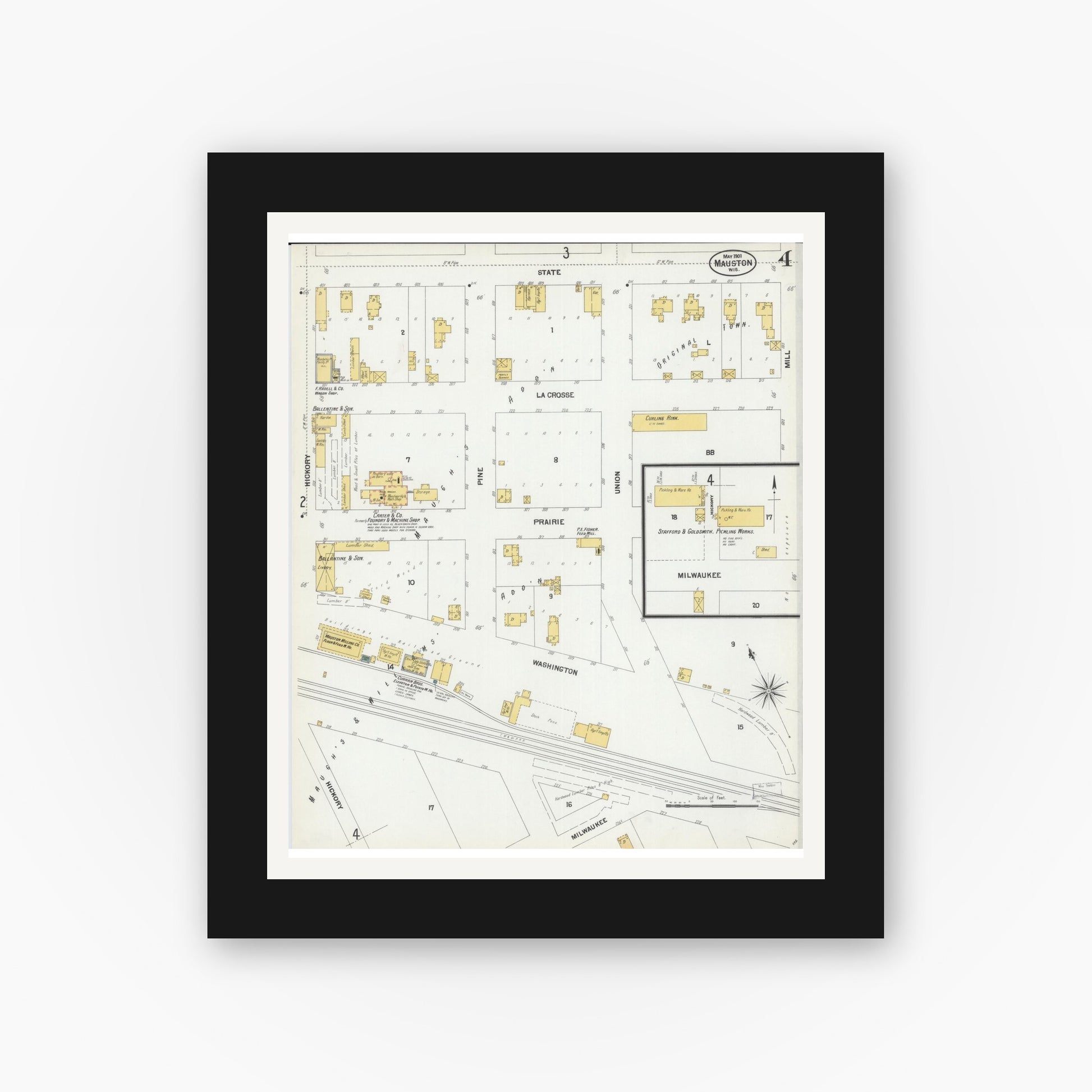 Old map wall art mockup — black gallery frame with white mat — Sanborn Fire Insurance Map from Mauston, Juneau County, Wisconsin (1901), Sheet #0004