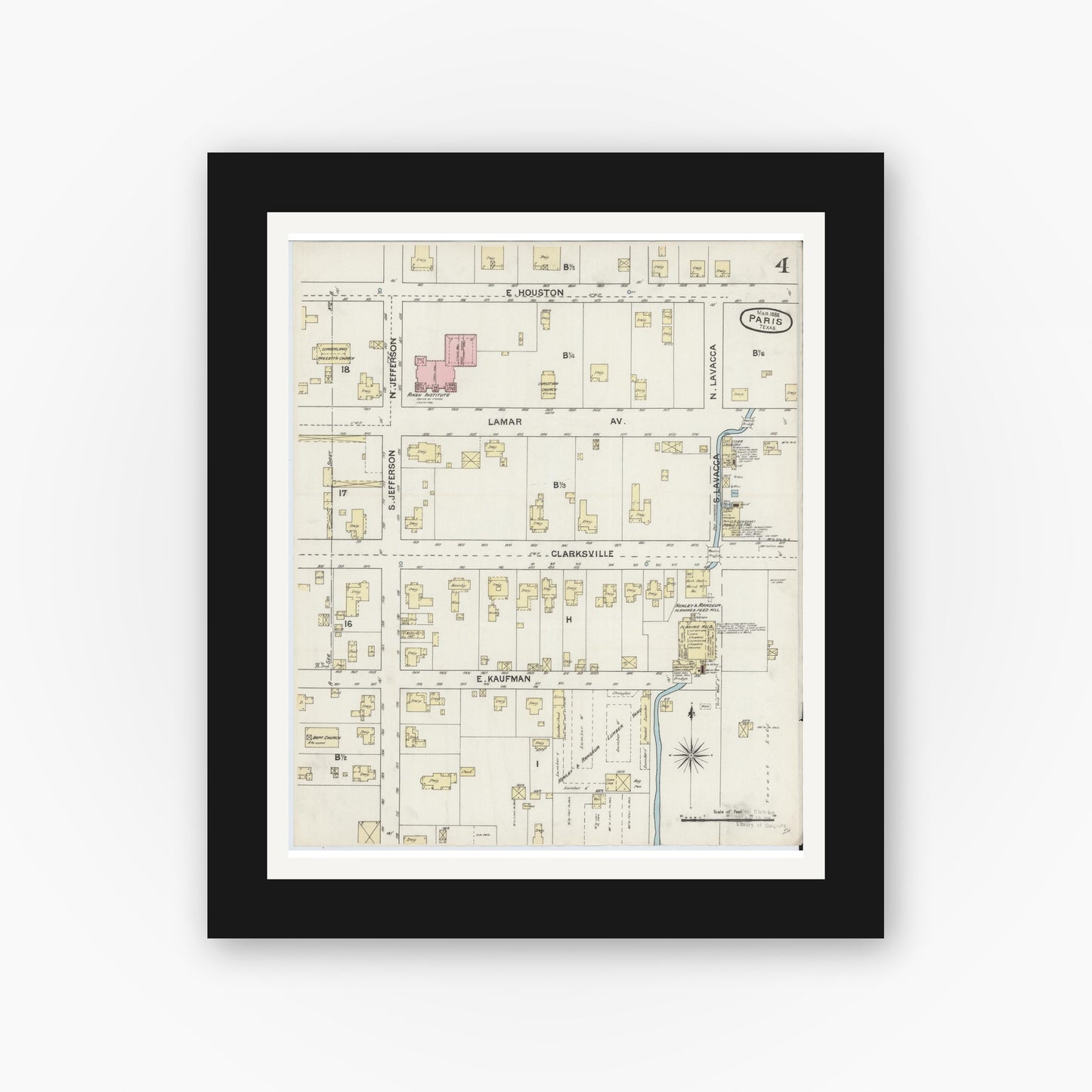 Old map wall art mockup — black gallery frame with white mat — Sanborn Fire Insurance Map from Paris, Lamar County, Texas (1888), Sheet #0004