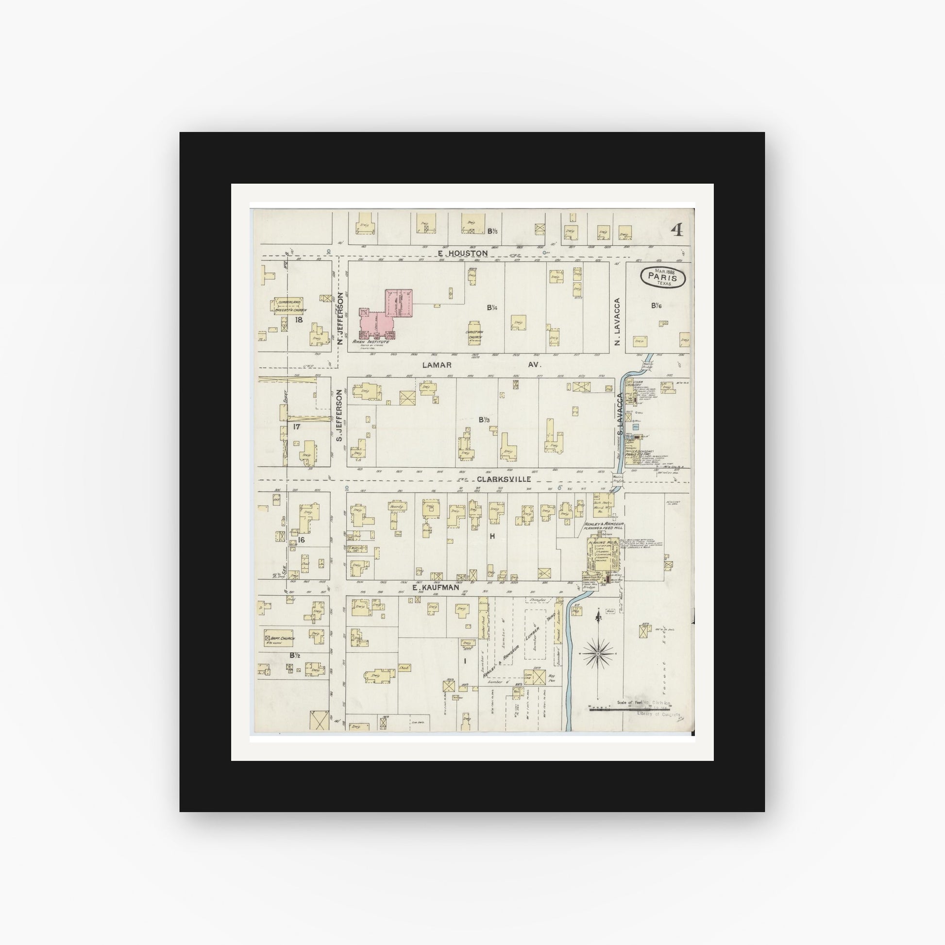 Old map wall art mockup — black gallery frame with white mat — Sanborn Fire Insurance Map from Paris, Lamar County, Texas (1888), Sheet #0004