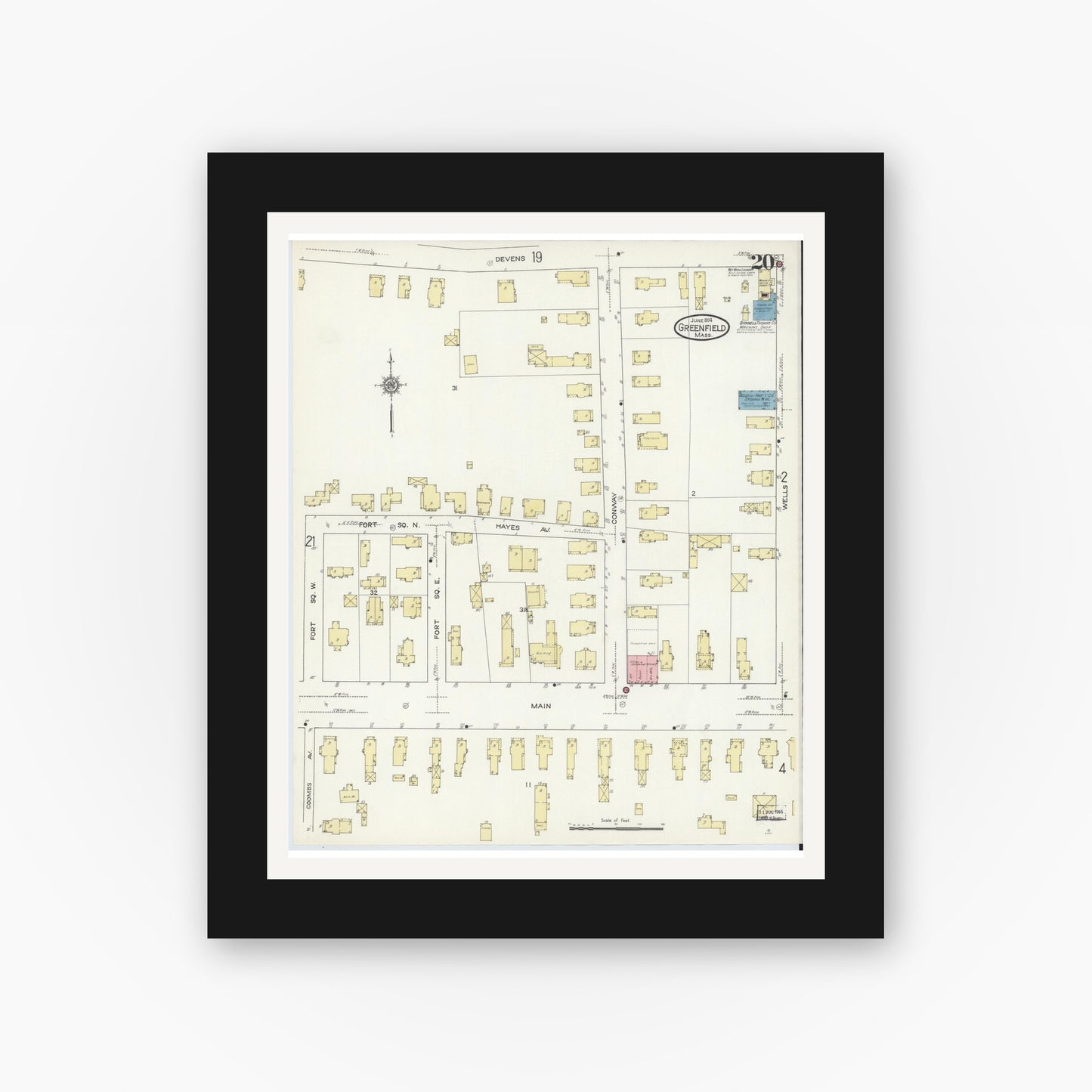 Old map wall art mockup — black gallery frame with white mat — Sanborn Fire Insurance Map from Greenfield, Franklin County, Massachusetts (1914), Sheet #0020